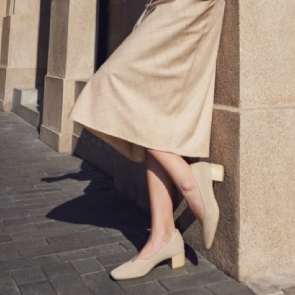 VIVAIA Square Toe Chunky Heel Pumps Beige Knit Eco Shoes EU 39.5 Women